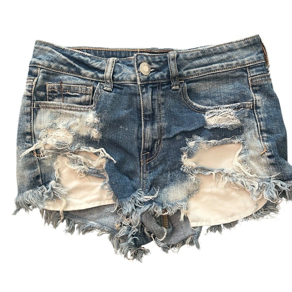 American Eagle Hi-Rise Destroyed Distressed Stretch Blue Shorts Size‎ 4 Normcore